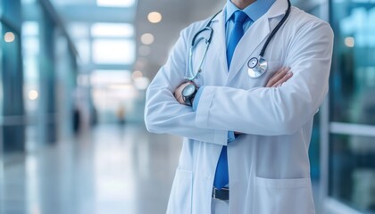 Male doctor in white coat and blue tie stands in a hospital hallway, ready to assist patients.