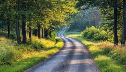 Obraz premium A winding road meanders through a lush green forest landscape.