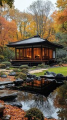 Obraz premium Japanese Garden Architecture: Traditional Design with Autumn Colors and Pond Reflections for a Serene Retreat