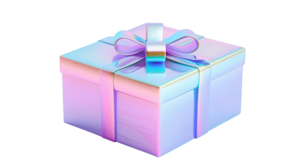 Gradient holographic gift box with a luminous ribbon isolated on a white background 3D render