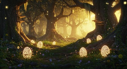 Obraz premium Enchanting Illuminated Eggs in a Magical Fantasy Forest at Dawn