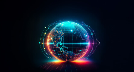 Fototapeta premium Glowing digital earth with vibrant neon lines and dots depicts worldwide connection and futuristic technology on a dark backdrop.