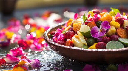 Fresh tropical fruits with water droplets, surrounded by colorful petals, celebrating Thai Songkran Festival's vibrant and festive spirit.