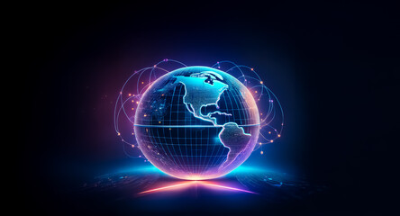 A glowing digital globe with interconnected lines and dots floats against a dark backdrop, illuminated with vibrant blue and purple hues.