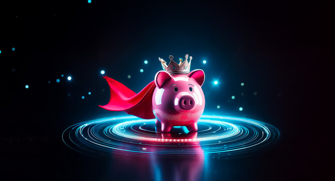 A pink piggy bank wearing a golden crown and a red cape stands on glowing circles against a dark backdrop with bright sparkles.