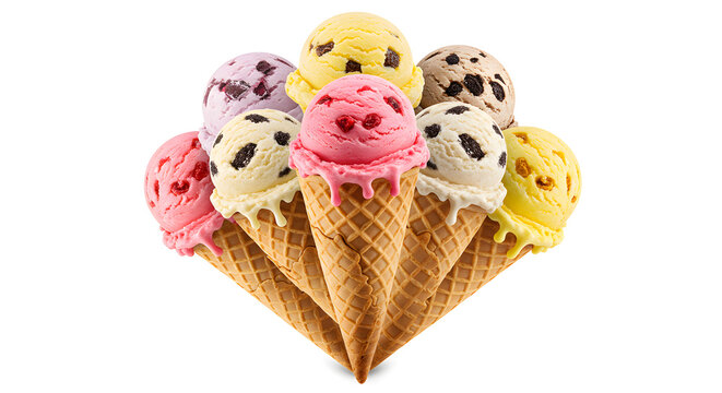 una variedad de bolas de helado en conos de barquillo dispuestos sobre fondo blanco.