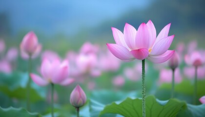 Obraz premium A beautiful lotus flower surrounded by pink blooms and lush green leaves in a serene field.