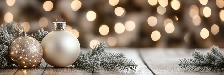 Fototapeta premium Two Christmas ornaments rest on a table, illuminated by twinkling lights in the background.