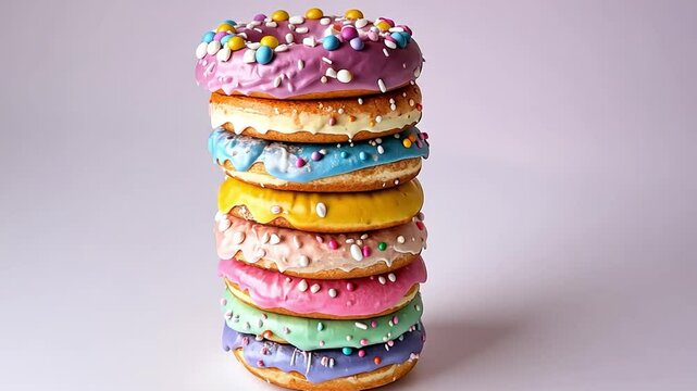 Colorful Donuts Stacked High with Icing and Sprinkles Sweet Treat for Dessert Lovers and Perfect Pastry for Celebrations and Joyful Occasions.