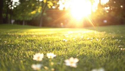 Fototapeta premium Sunlight filters through trees onto a grassy field adorned with daisies.
