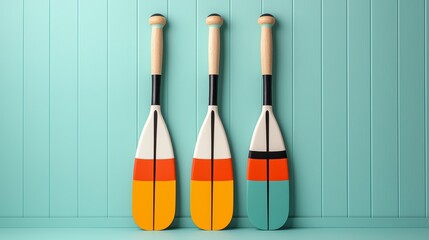 Colorful Wooden Paddles Against a Turquoise Wooden Background