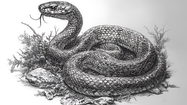 Snake coiled, tongue flicking, nature illustration