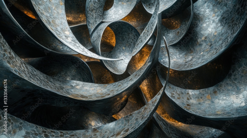 Sticker abstract spiral patterns of metallic shapes with golden highlights