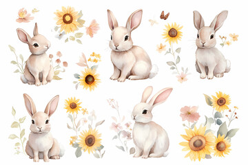 Fototapeta premium Whimsical Bunny and floral: Adorable white bunny rabbits, each with unique poses, surrounded by delicate watercolor sunflowers and butterflies, exuding charm and spring's fresh start.