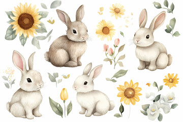 Easter Bunny and Floral Delight: An artistic illustration showcases a collection of adorable Easter bunnies amidst a backdrop of blossoming sunflowers and delicate floral arrangements.