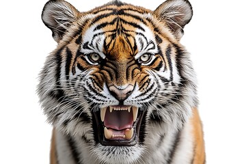 Fototapeta premium Snarling tiger headshot on white.