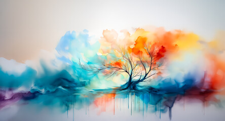 Abstract watercolor painting of a bare tree with vibrant colorful clouds in orange, yellow, red, blue, green, and purple. Water reflection below. Artistic and dreamy.