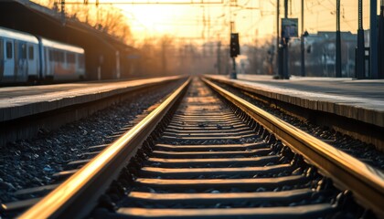Fototapeta premium A train travels down tracks as the sun sets, casting warm colors across the sky.