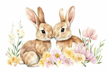Obraz premium Enchanting Easter Bunnies: A heartwarming watercolor illustration of two adorable bunnies snuggled together amidst a vibrant array of spring flowers.