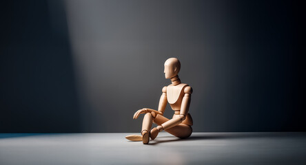 Obraz premium A wooden mannequin sits cross-legged in a dimly lit room. A spotlight illuminates the figure, casting long shadows against a neutral backdrop, creating a contemplative and isolated mood.