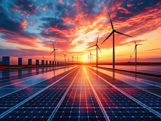A vast solar farm with wind turbines at sunset, showcasing renewable energy and green technology in a serene landscape.