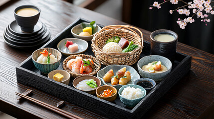 Exquisite Kaiseki Ryori Japanese Cuisine Meal Set Presentation on Traditional Tray with Side Dishes