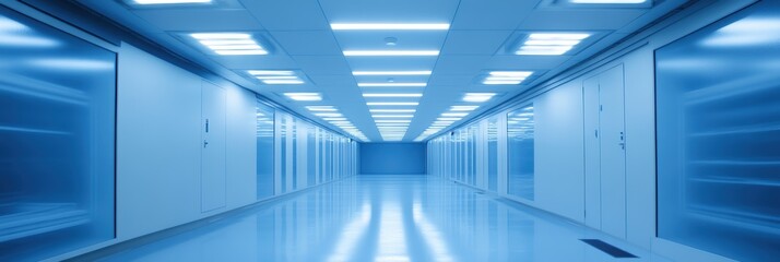 Obraz premium A dim hallway features blue walls and white cabinets, creating a tranquil atmosphere.