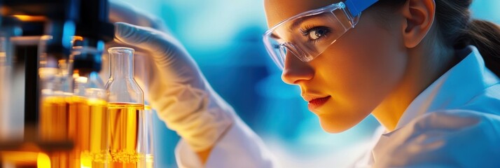 A woman in a lab coat and goggles examines a test tube in a laboratory setting.