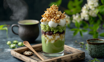 A luxurious matcha parfait in a tall glass, Generative AI