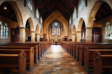 Fototapeta premium Aerial view of a church interior featuring pews and colorful stained glass windows.