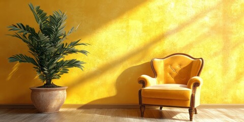 A yellow painted wall alongside a potted plant and armchair