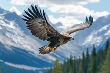 Fototapeta premium A large bird soars gracefully across the clear blue sky.