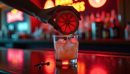 Hand squeezing grapefruit over cocktail glass in vibrant bar setting