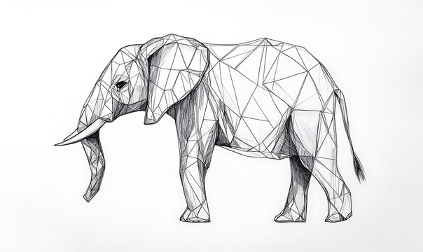 A geometric black and white drawing of an elephant standing