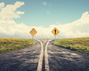 Two Diverging Roads Under a Clear Blue Sky With Directional Signs in a Rural Landscape During the Day