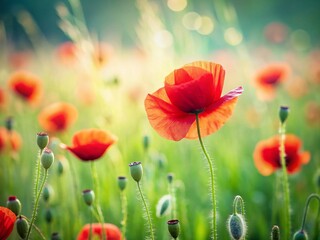 Obraz premium Vibrant Red Poppies Blooming in Lush Green Summer Meadow - Minimalist Photography