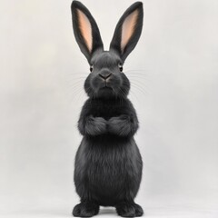 Obraz premium Cute Black Rabbit Cartoon: Adorable Character Design with Furry Ears and Playful Pose