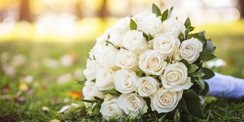 A bouquet of white roses lies gracefully on the ground.