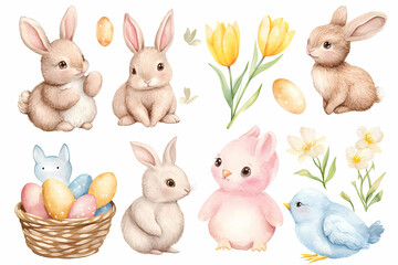 Springtime Bunny and Egg Celebration: A collection of adorable, watercolor illustrations featuring charming bunnies, colorful eggs, and vibrant flowers, perfect for celebrating the spirit of Easter.