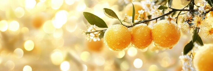 Three ripe oranges dangle from a tree, glistening with fresh water droplets.