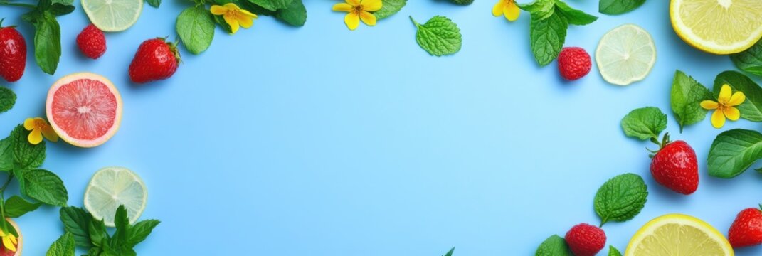 A vibrant blue background featuring an assortment of colorful fruits up close.