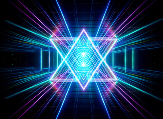 Naklejka premium Abstract geometric design featuring bright neon lights that form a triangle and radiate outwards against a dark backdrop, creating a futuristic and vibrant visual effect.
