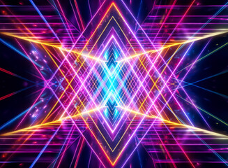 Vibrant neon lines form a symmetrical geometric pattern against a dark background.  Bright light emanates from the center, creating a dazzling and futuristic effect.