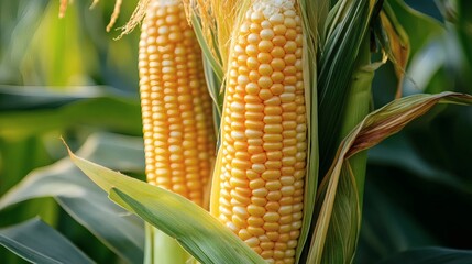 Two fresh golden ears of corn are displayed in a field