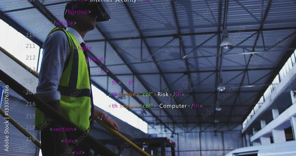 Poster person in warehouse using vr headset with coding animation overlay