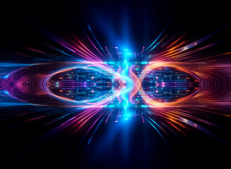 Obraz premium Abstract futuristic design featuring vibrant blue and orange light trails forming an infinity symbol against a dark backdrop, creating a dynamic and energetic visual.