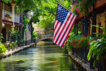 The USA flag on the background of San Antonio, Texas
