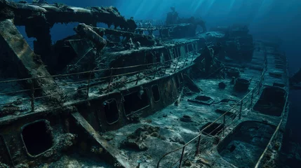 Naadloos Fotobehang Airtex A rendering of a long decayed, sunken boat or ship that has plummeted to the bottom of the ocean or sea. Useful for discussion of wreckage discovery, environmental impacts and treasure hunting. © Render Republic