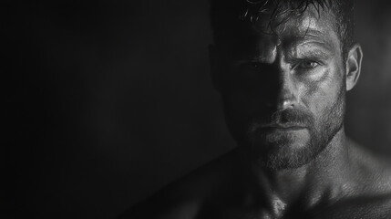 Obraz premium Intense portrait of athletic man with fierce gaze and defined features