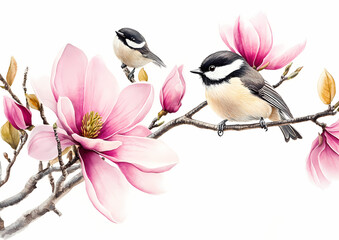 Magnolia and Bird Harmony: Captivating watercolor illustration of two delicate birds perched on a flowering magnolia branch. Featuring blossoms and leaves and evokes feelings of peace and beauty.